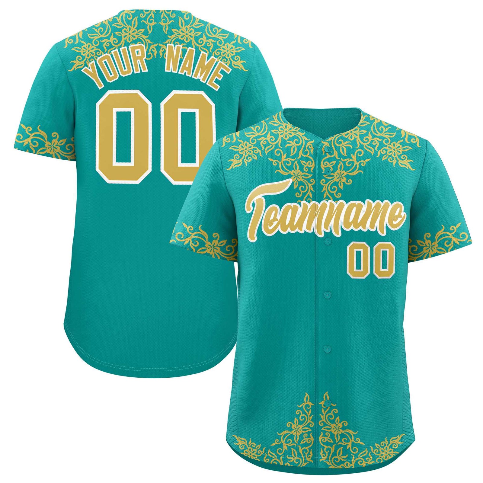 Custom Aqua Old Gold Baroque Style Personalized Baseball Jersey
