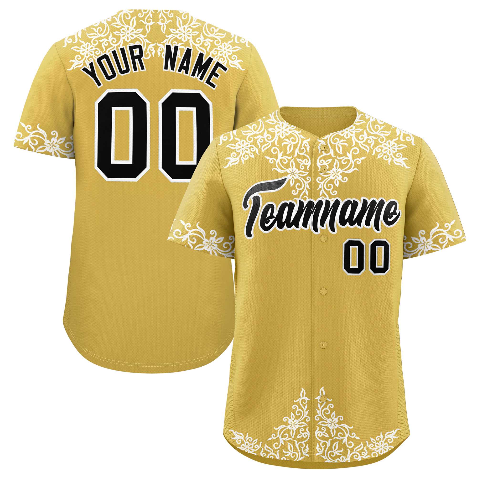 Custom Old Gold White Baroque Style Personalized Baseball Jersey