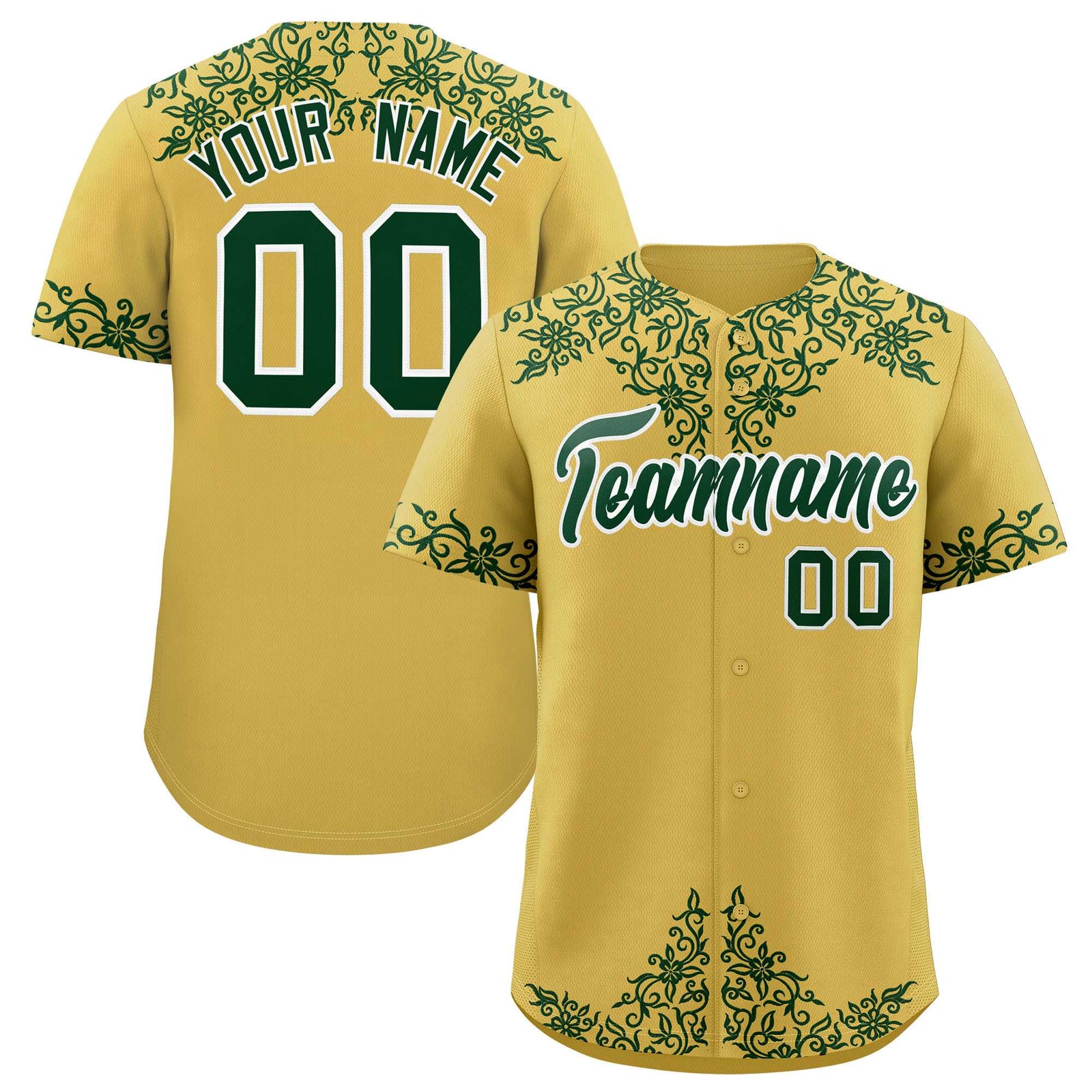 Custom Old Gold Green Baroque Style Personalized Baseball Jersey