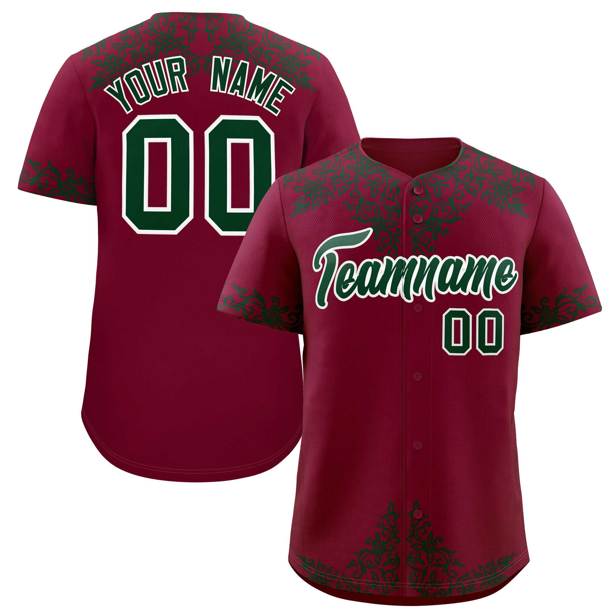 Custom Crimson Green Baroque Style Personalized Baseball Jersey