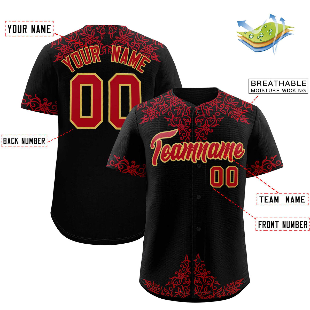 Custom Black Red Baroque Style Personalized Baseball Jersey