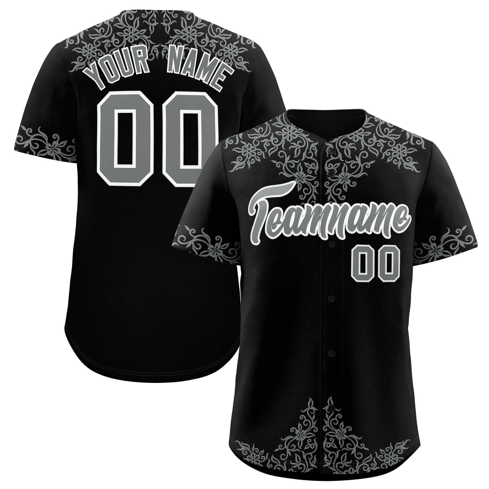 Custom Black Gray Baroque Style Personalized Baseball Jersey