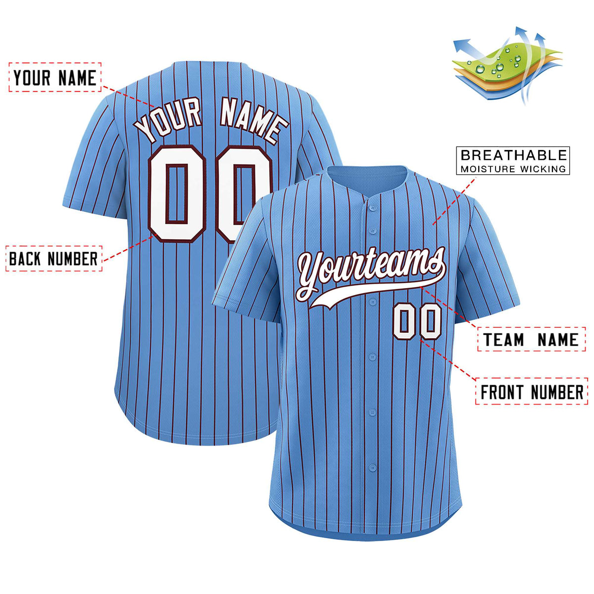 Custom Powder Blue Burgundy Stripe Fashion Authentic Baseball Jersey