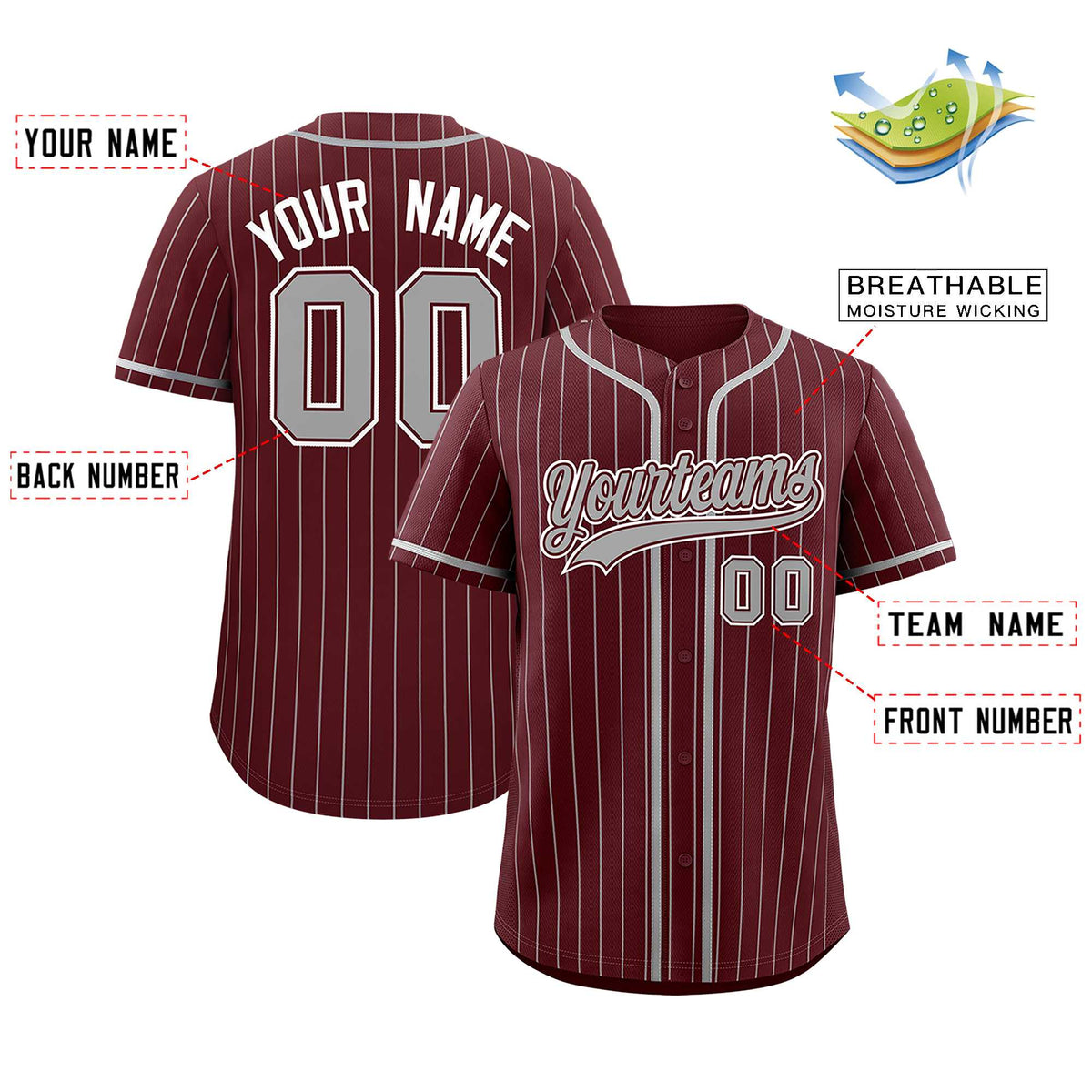 Custom Burgundy Gray Stripe Fashion Authentic Baseball Jersey