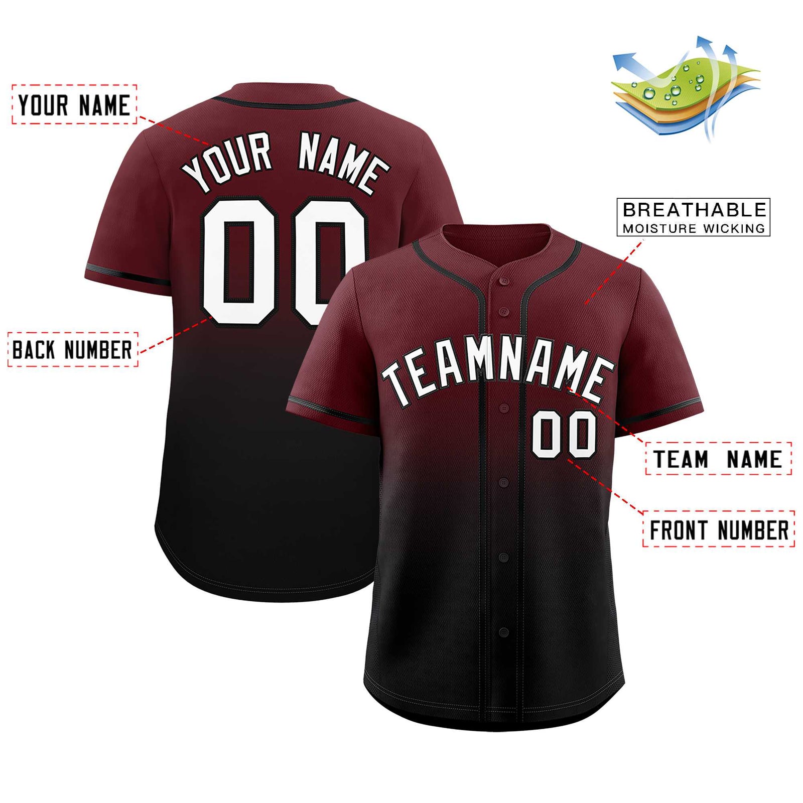 Custom Burgundy Black Gradient Fashion Authentic Baseball Jersey