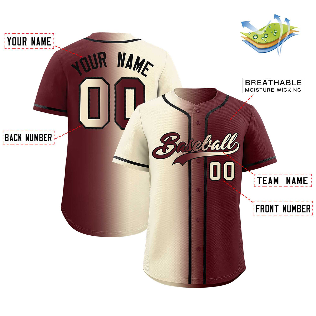 Custom Cream Burgundy Two Tone Gradient Fashion Authentic Baseball Jersey