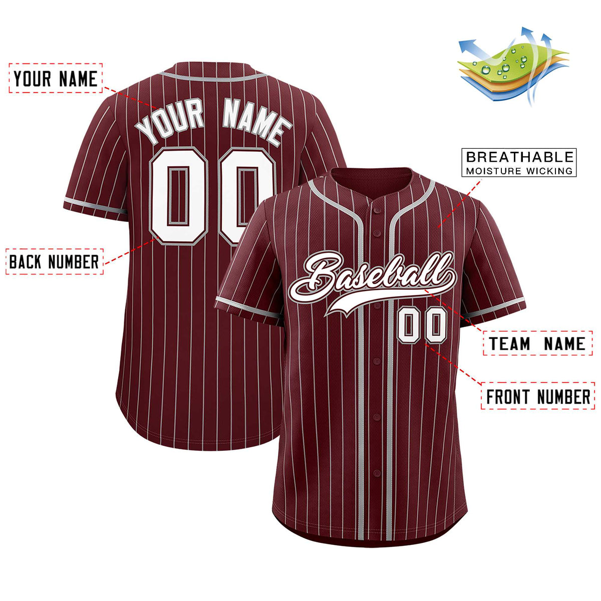Custom Burgundy Gray Stripe Fashion Authentic Baseball Jersey