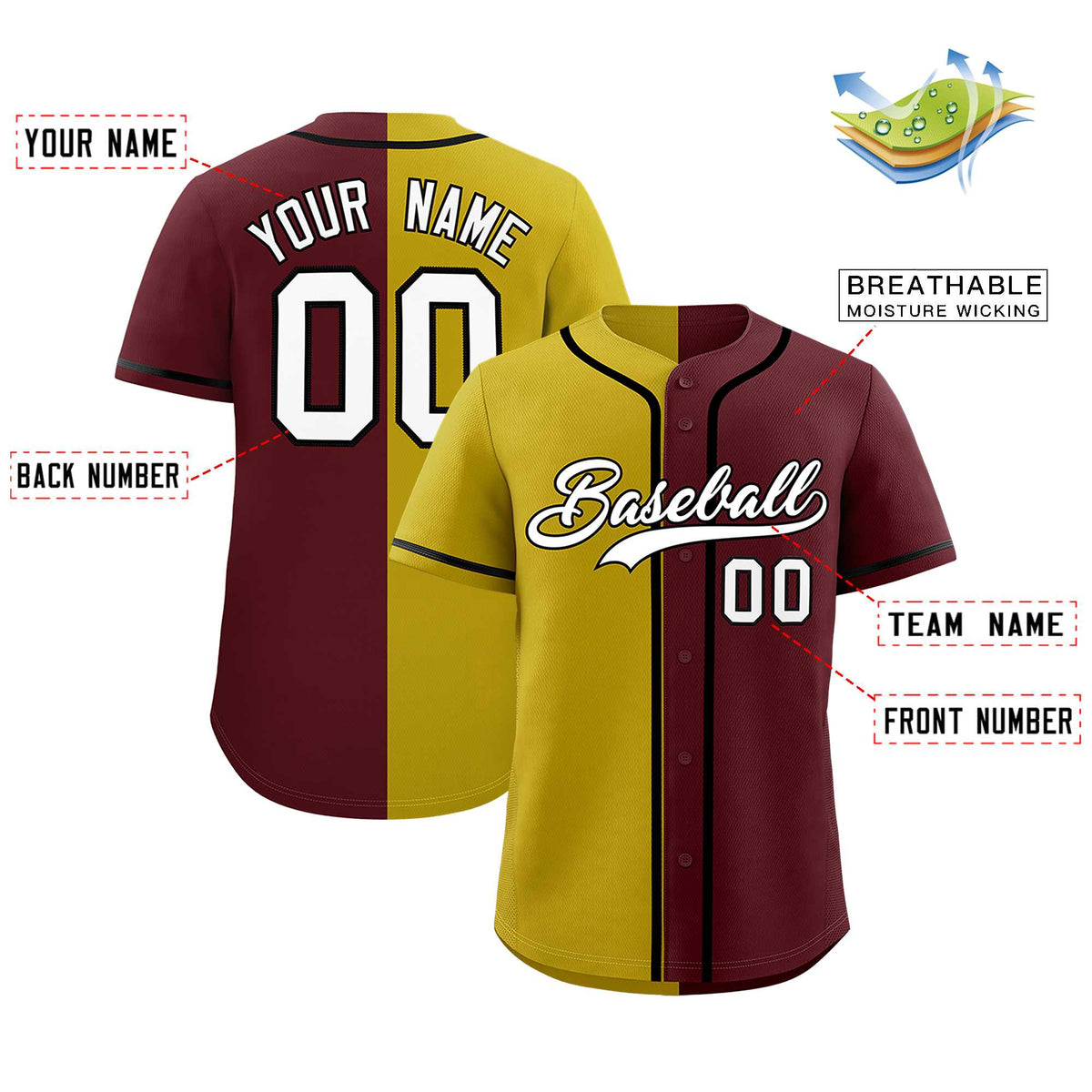 Custom Old Gold Burgundy Split Fashion Authentic Baseball Jersey