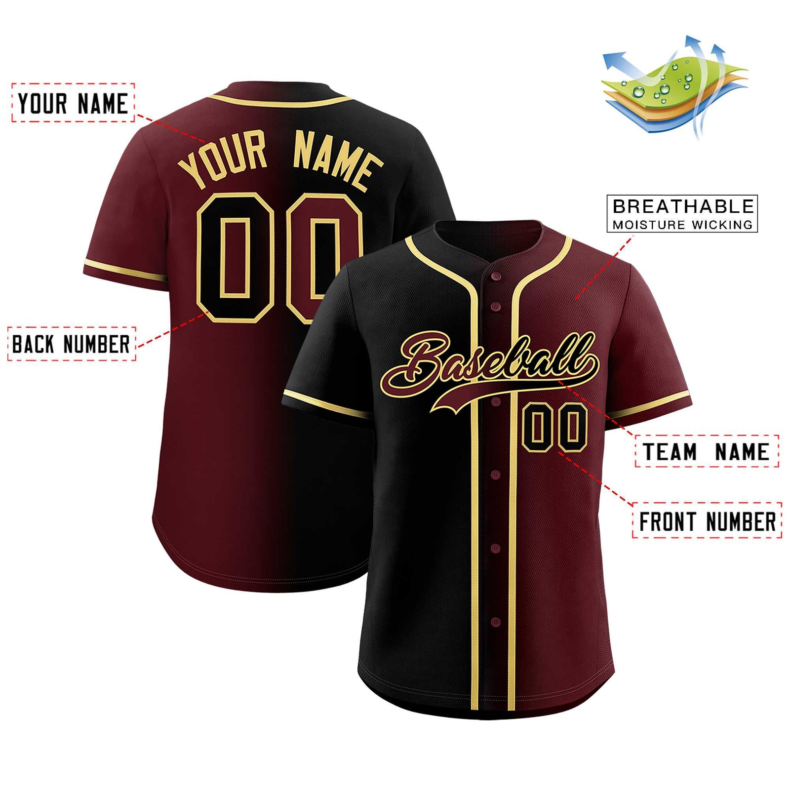 Custom Black Burgundy Two Tone Gradient Fashion Authentic Baseball Jersey