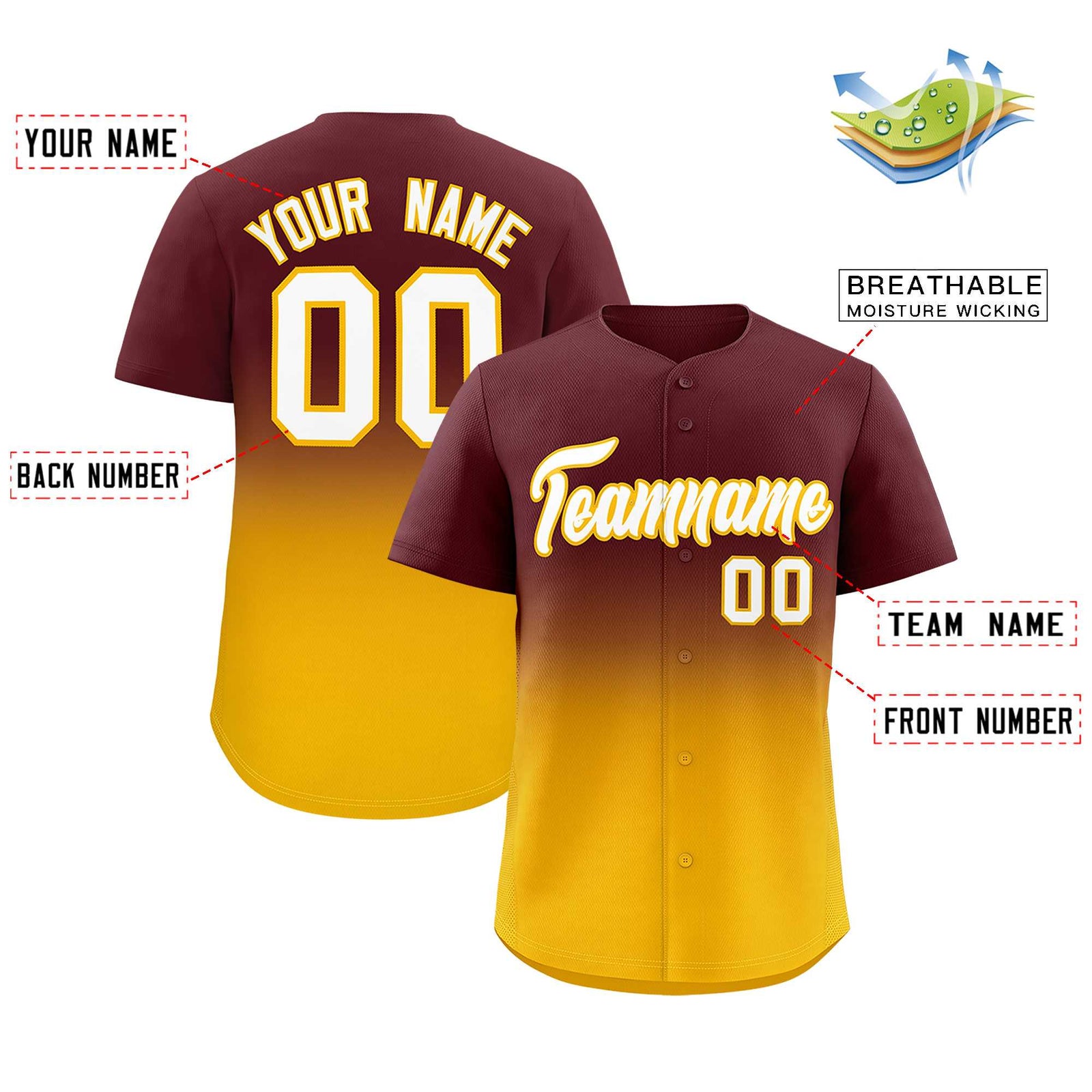 Custom Burgundy Yellow Gradient Fashion Authentic Baseball Jersey