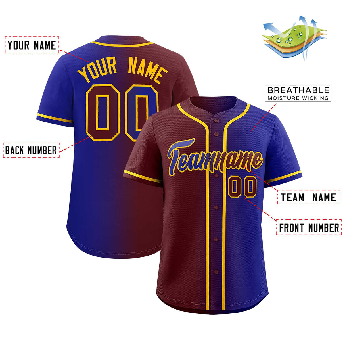 Custom Burgundy Royal Two Tone Gradient Fashion Authentic Baseball Jersey