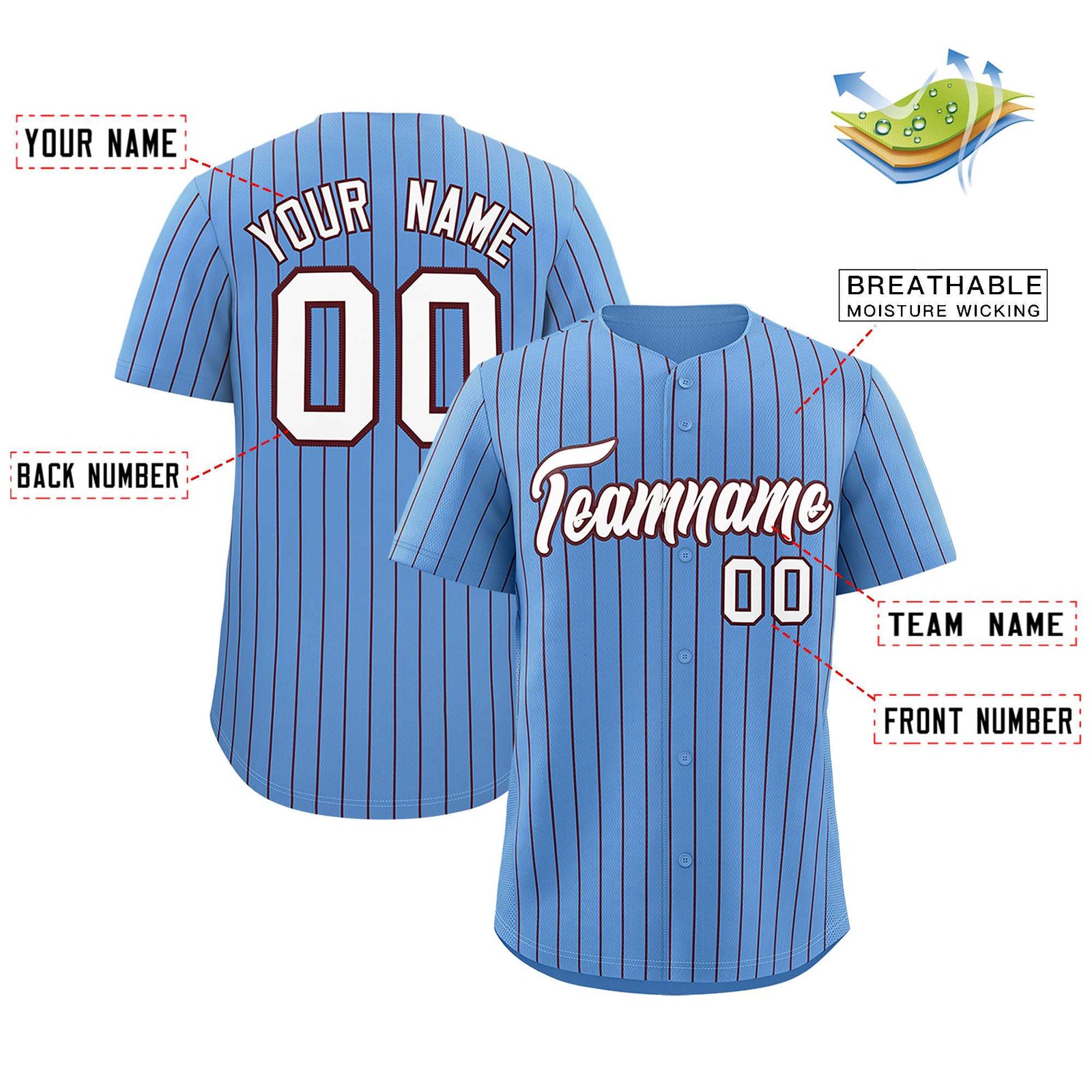 Custom Powder Blue Burgundy Stripe Fashion Authentic Baseball Jersey