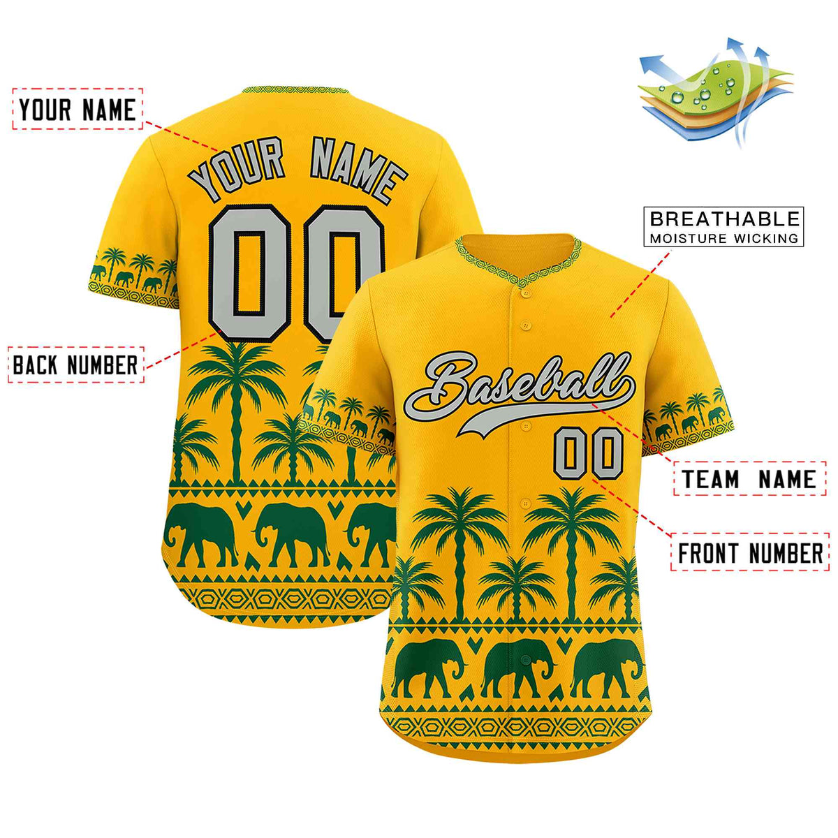 Custom Gold Green Graffiti Pattern Personalized Bossinia Style Authentic Baseball Jersey