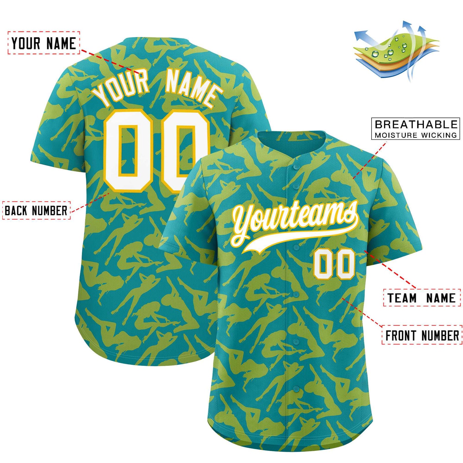 Custom Teal Gold Playboy Graffiti Pattern Authentic Baseball Jersey
