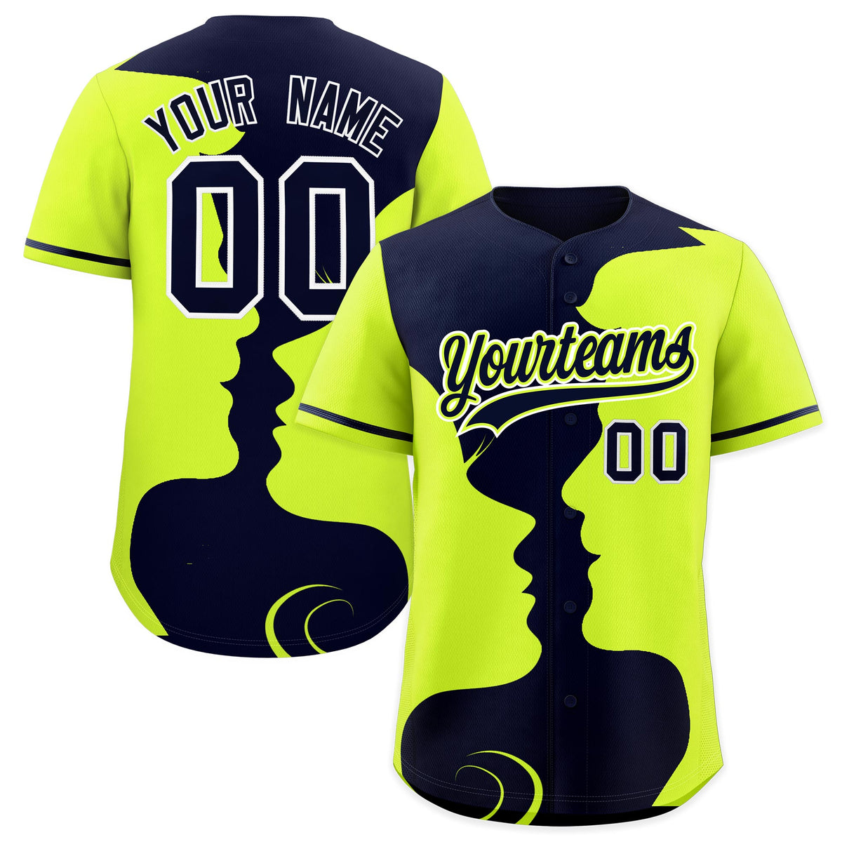 Custom Navy Neon Green Silhouettes of Loving Couple Valentine's Day Baseball Jersey| KXKSHOP