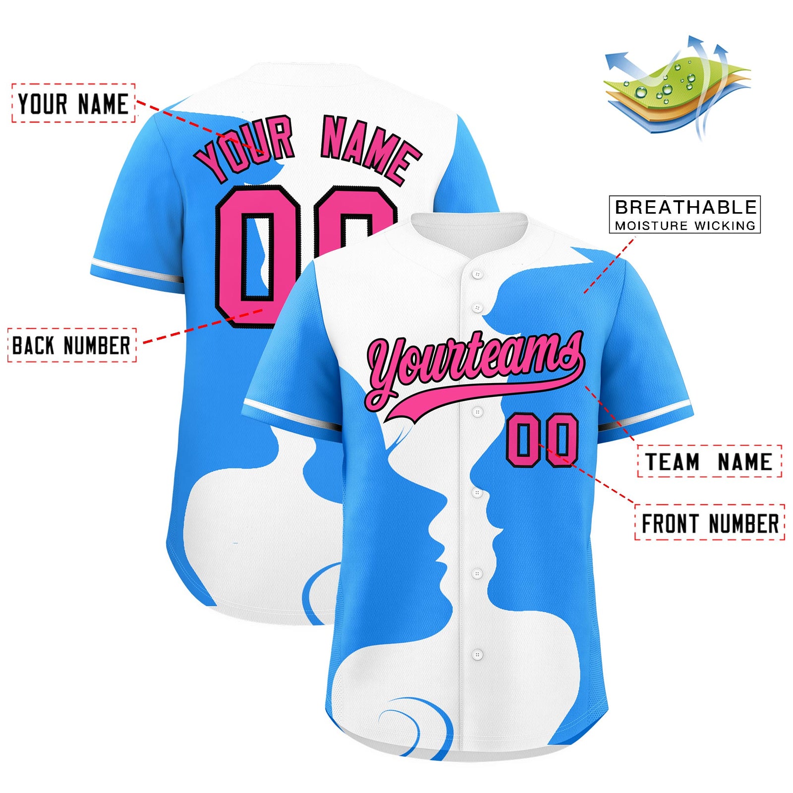 Custom White Powder Blue Silhouettes of Loving Couple Valentine's Day Baseball Jersey| KXKSHOP