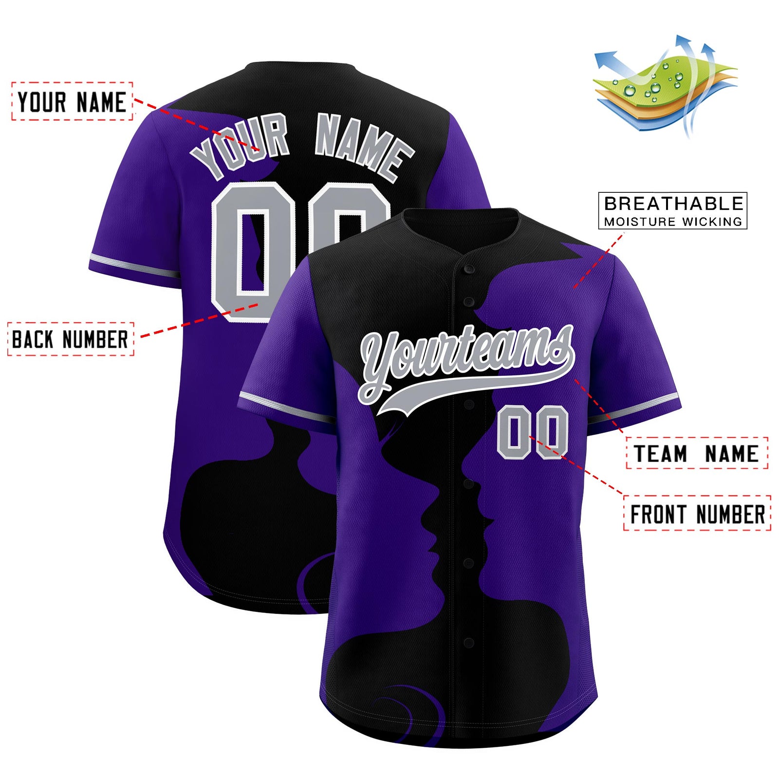 Custom Black Purple Silhouettes of Loving Couple Valentine's Day Baseball Jersey| KXKSHOP