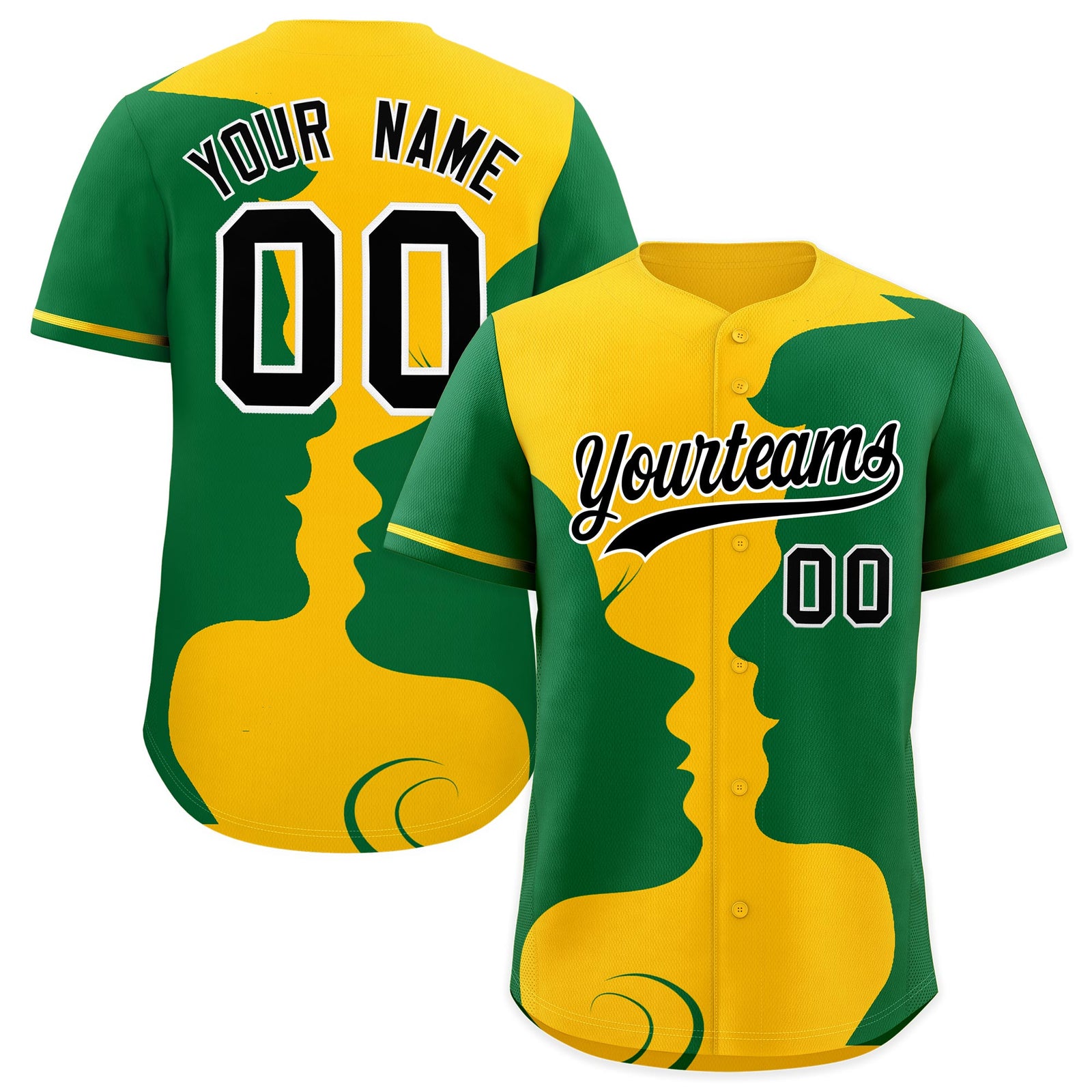 Custom Gold Kelly Green Silhouettes of Loving Couple Valentine's Day Baseball Jersey| KXKSHOP