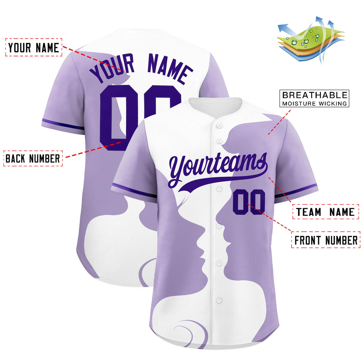 Custom Purple White Light Purple Silhouettes of Loving Couple Valentine's Day Baseball Jersey| KXKSHOP