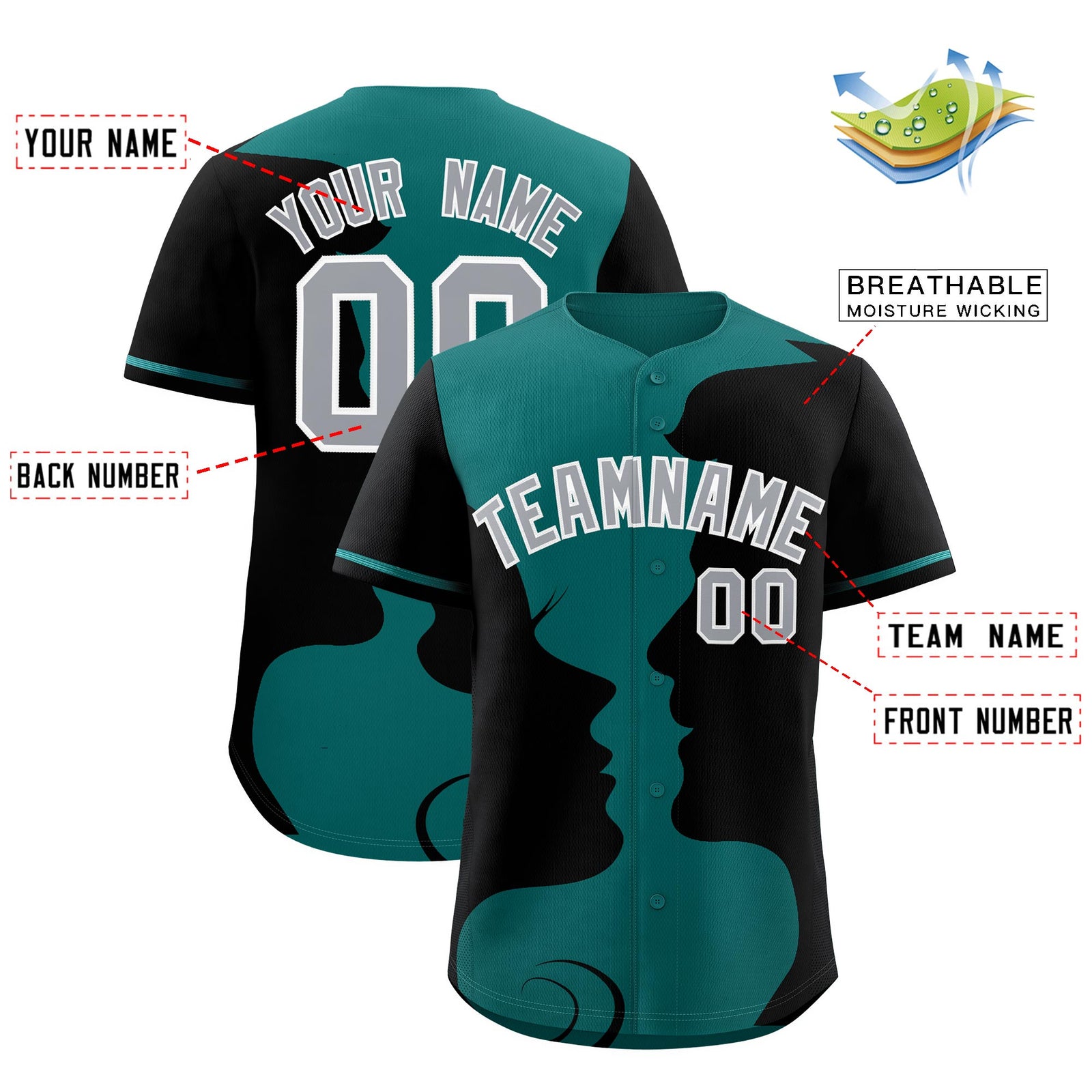 Custom Teal Black Silhouettes of Loving Couple Valentine's Day Baseball Jersey| KXKSHOP