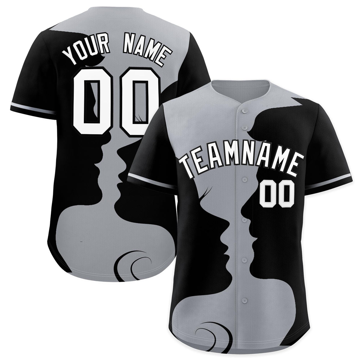 Custom Silver Gray Black Silhouettes of Loving Couple Valentine's Day Baseball Jersey| KXKSHOP