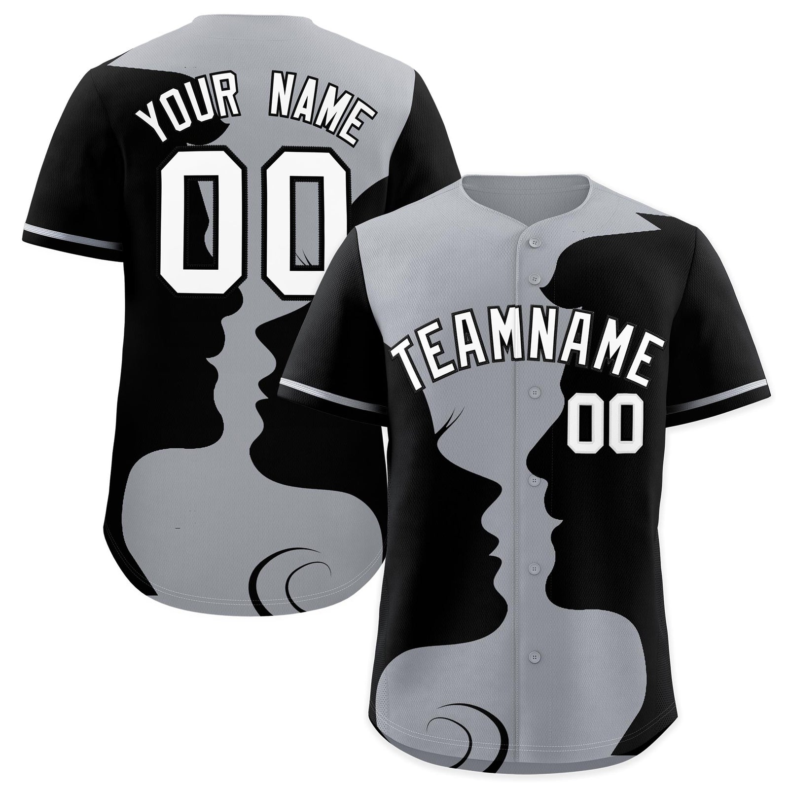 Custom Silver Gray Black Silhouettes of Loving Couple Valentine's Day Baseball Jersey| KXKSHOP