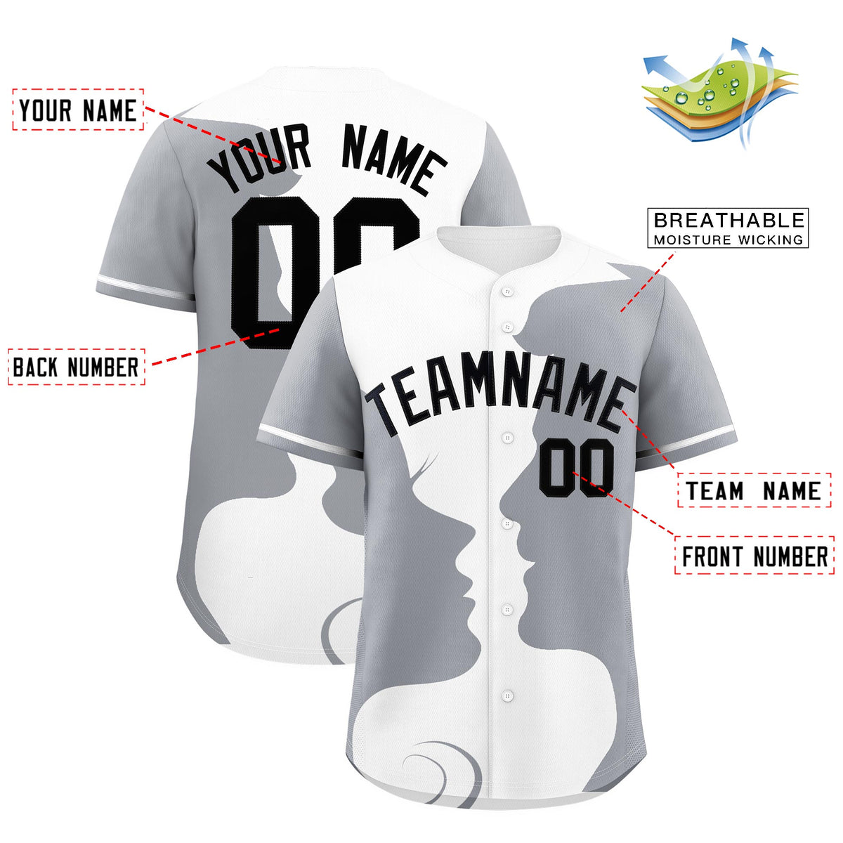 Custom White Gray Silhouettes of Loving Couple Valentine's Day Baseball Jersey| KXKSHOP