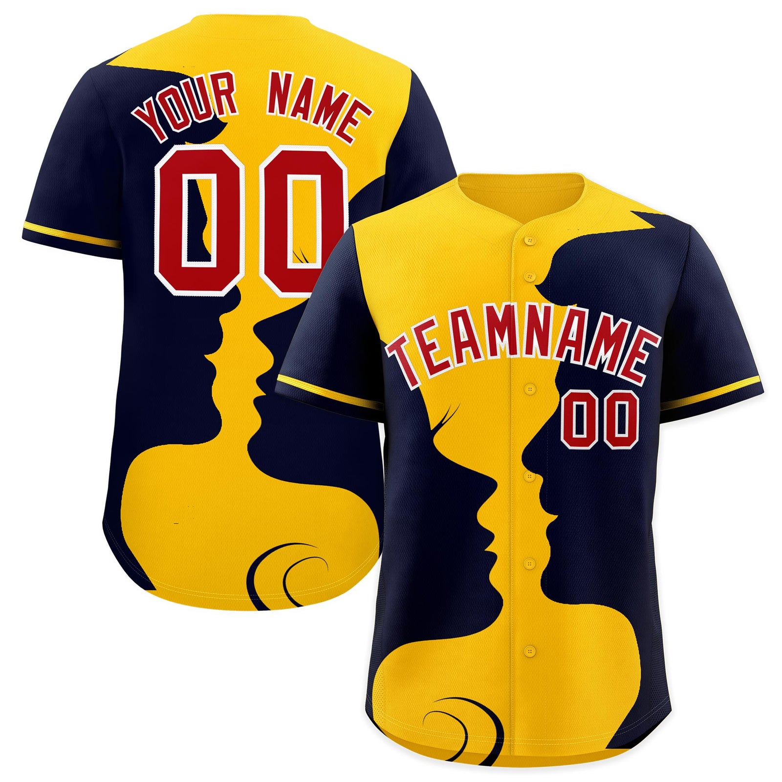 Custom Gold Navy Silhouettes of Loving Couple Valentine's Day Baseball Jersey| KXKSHOP