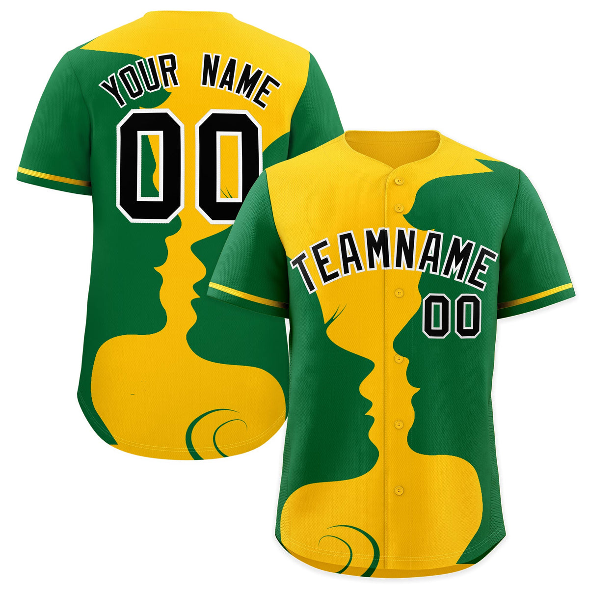 Custom Gold Kelly Green Silhouettes of Loving Couple Valentine's Day Baseball Jersey| KXKSHOP