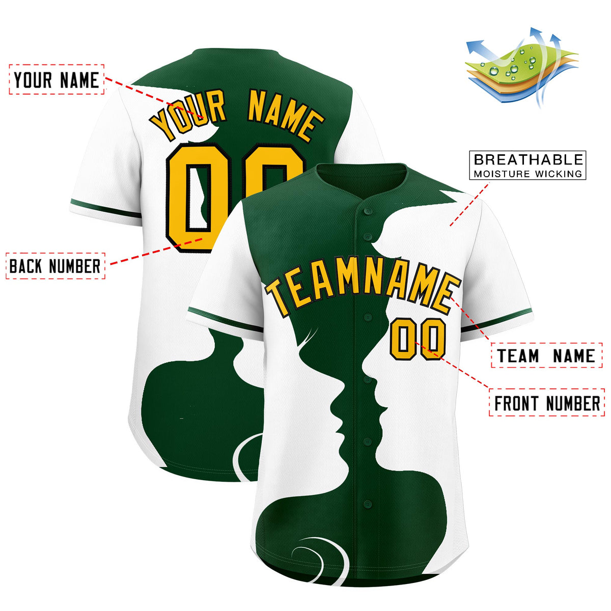 Custom Green White Silhouettes of Loving Couple Valentine's Day Baseball Jersey| KXKSHOP