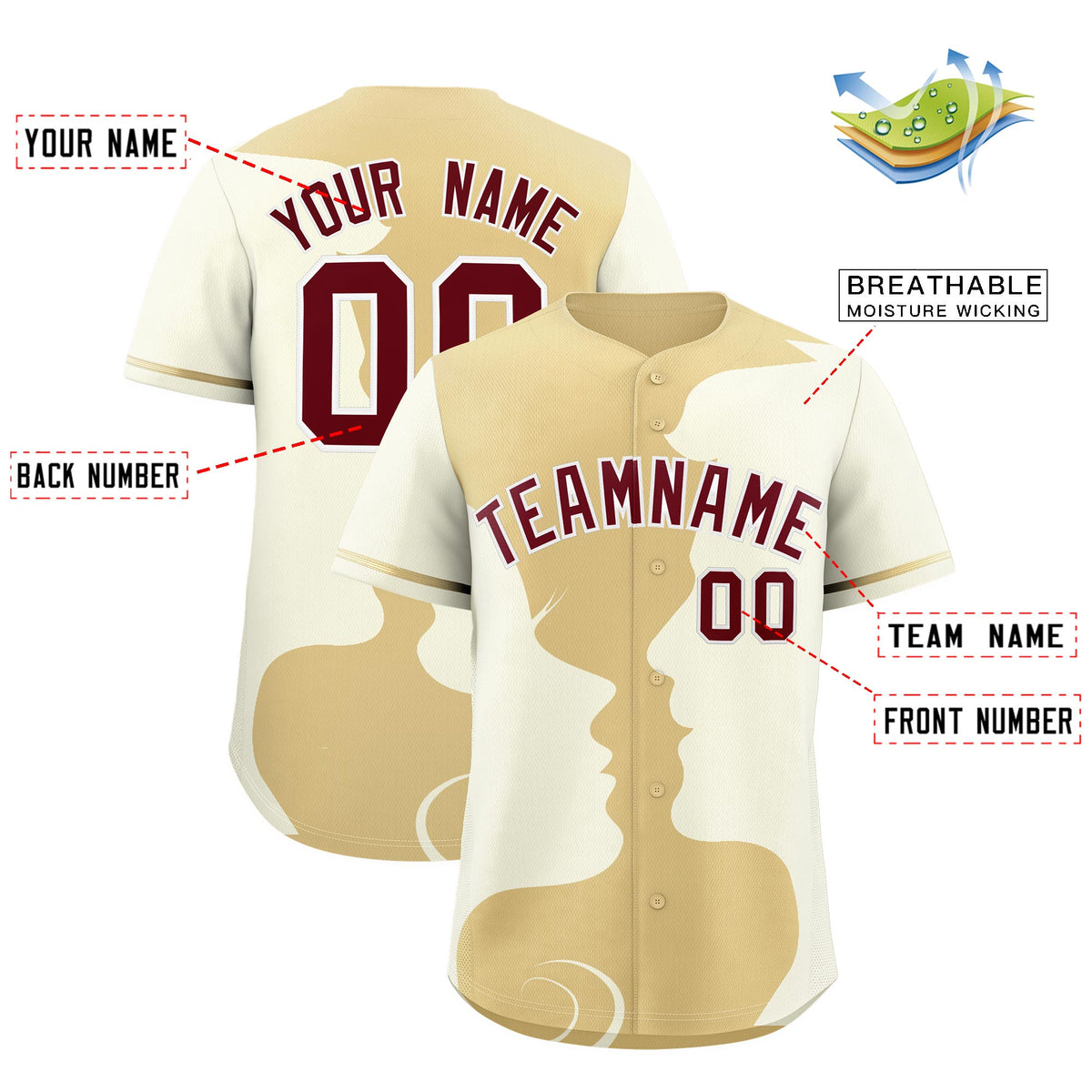 Custom Khaki Cream Silhouettes of Loving Couple Valentine's Day Baseball Jersey| KXKSHOP