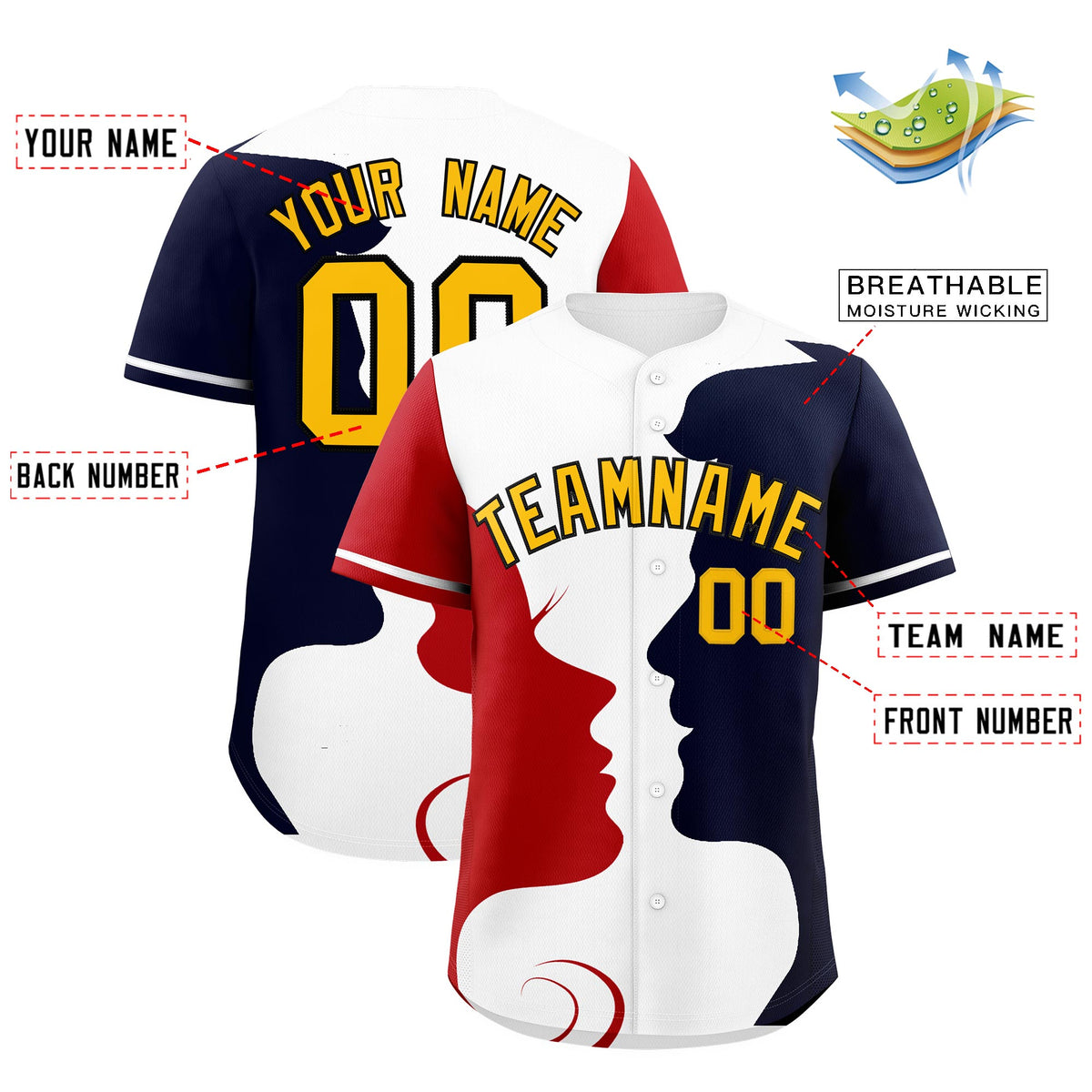 Custom White Red Navy Silhouettes of Loving Couple Valentine's Day Baseball Jersey| KXKSHOP