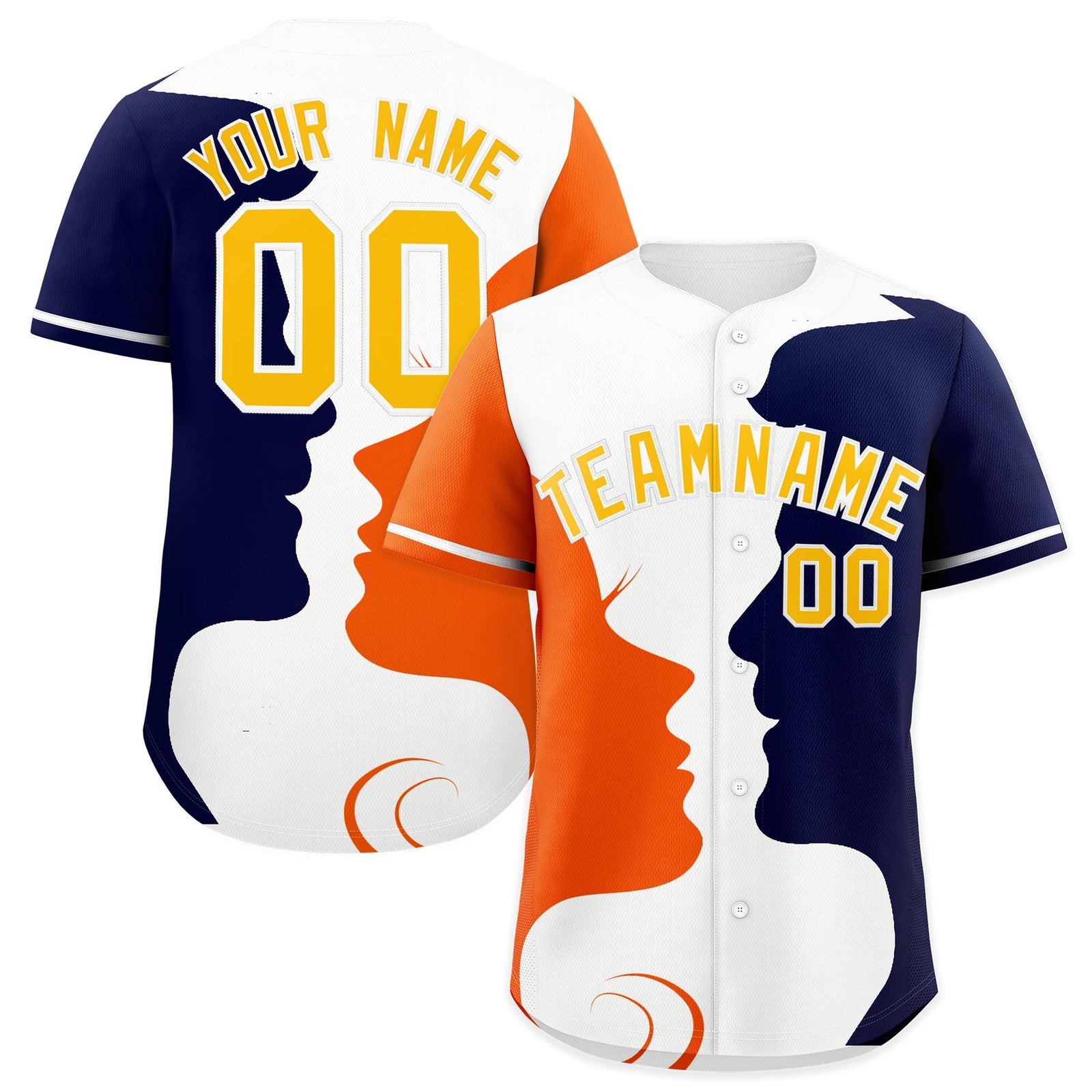 Custom White Orange Navy Silhouettes of Loving Couple Valentine's Day Baseball Jersey| KXKSHOP