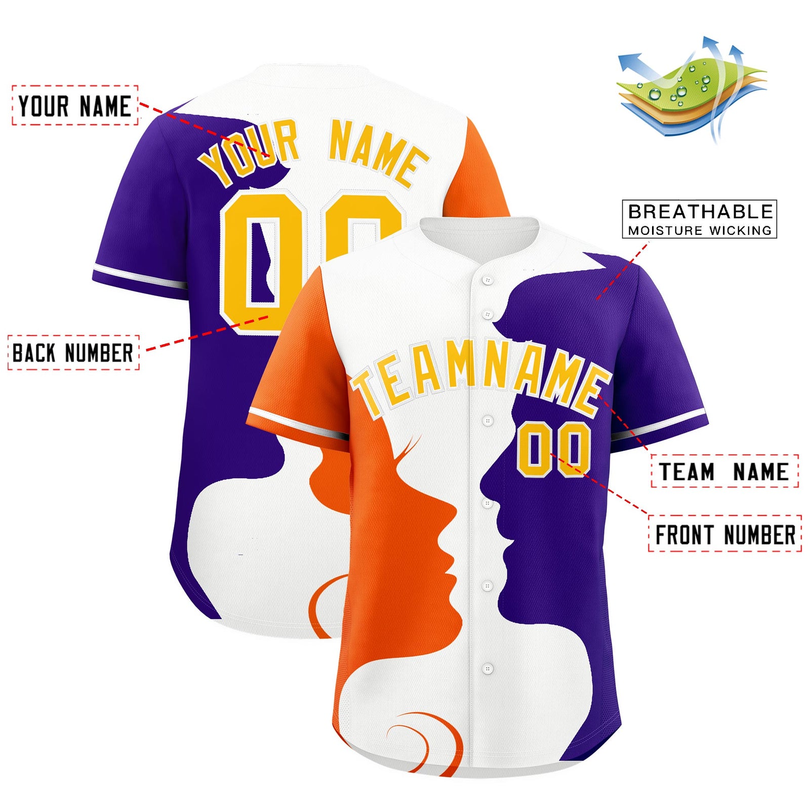 Custom White Orange Purple Silhouettes of Loving Couple Valentine's Day Baseball Jersey| KXKSHOP
