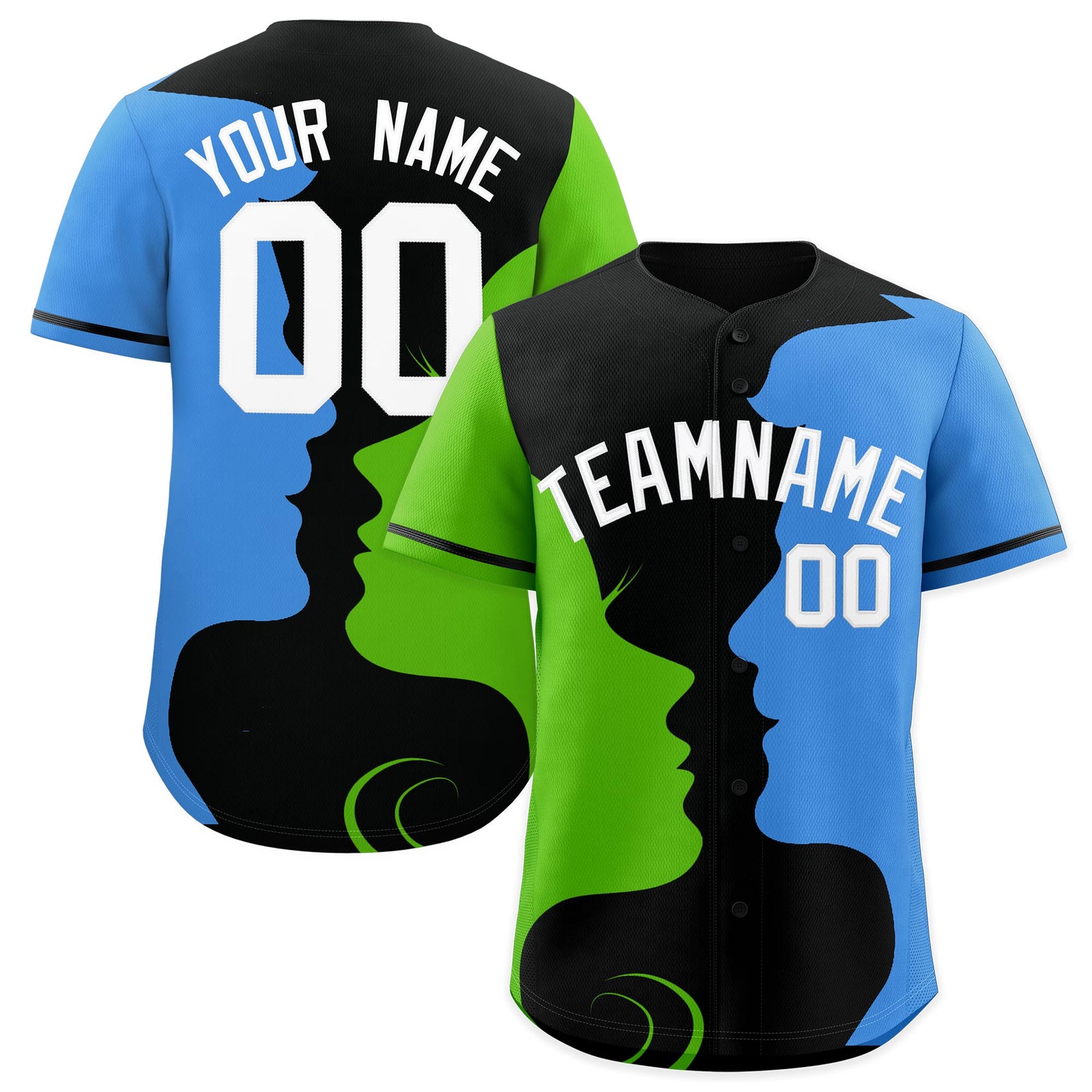 Custom Black Green Powder Blue Silhouettes of Loving Couple Valentine's Day Baseball Jersey| KXKSHOP