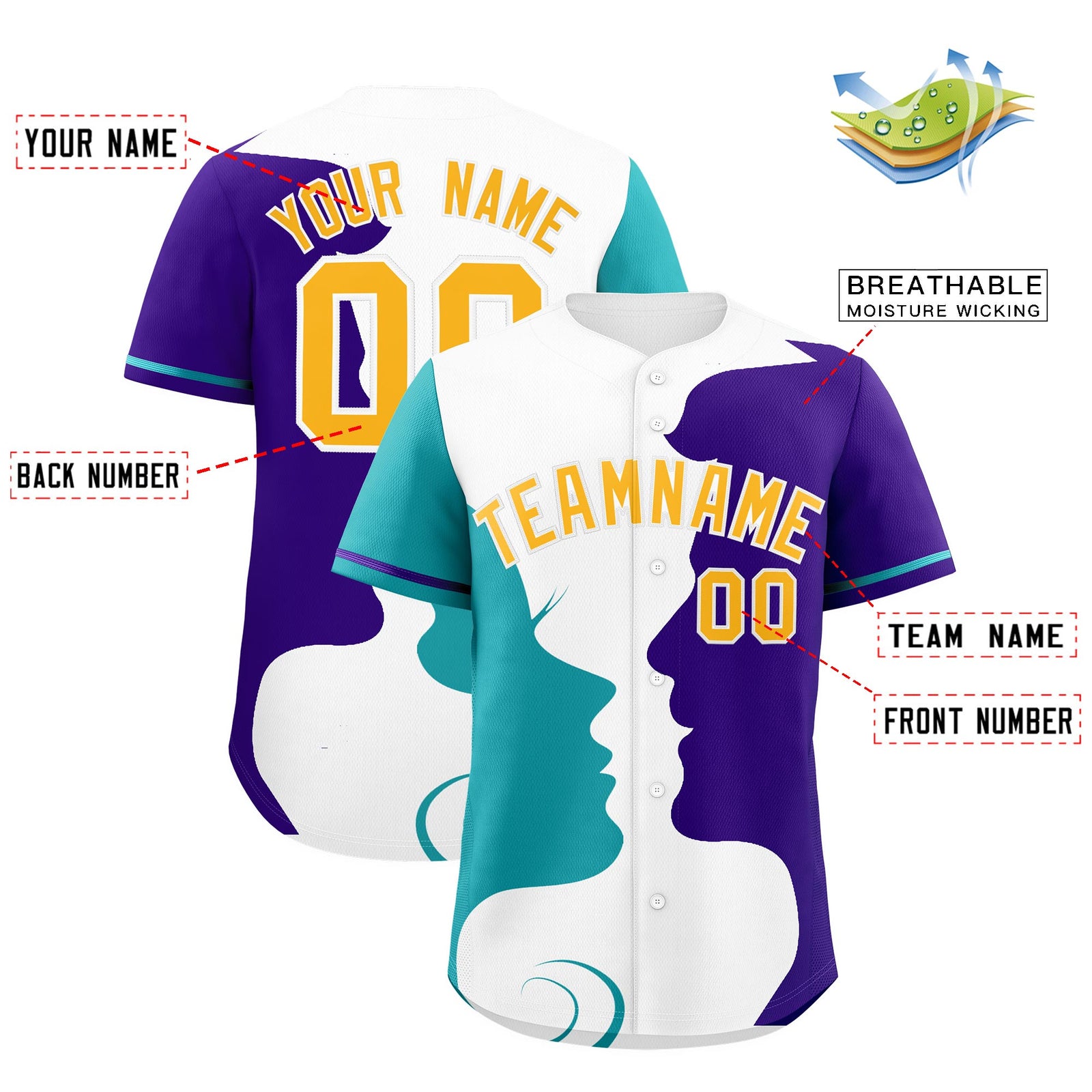 Custom Teal Purple White Silhouettes of Loving Couple Valentine's Day Baseball Jersey| KXKSHOP