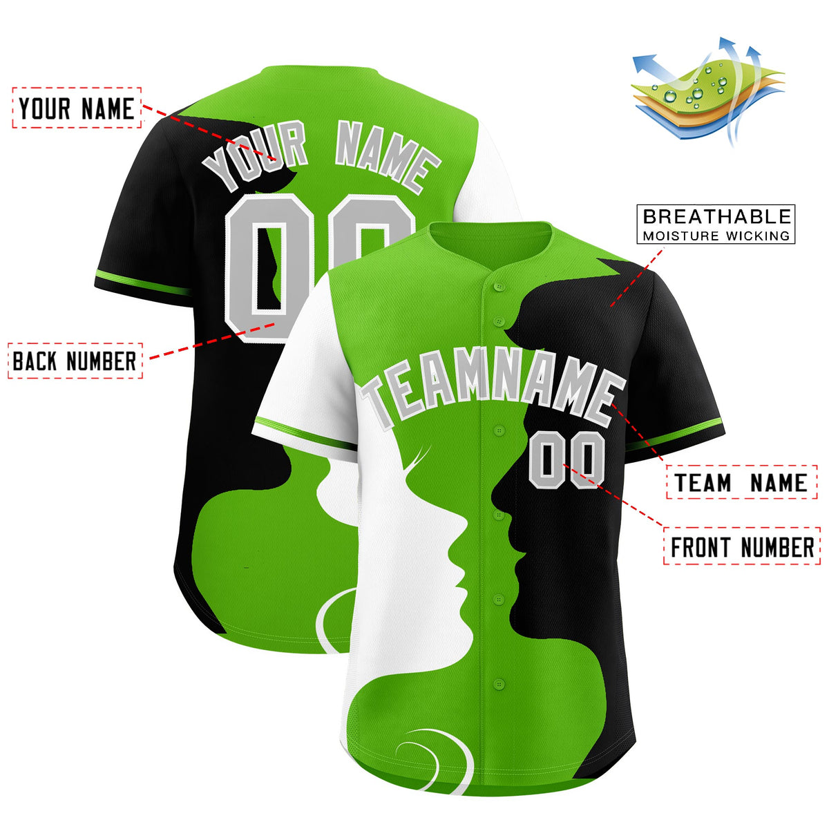 Custom Green Black White Silhouettes of Loving Couple Valentine's Day Baseball Jersey| KXKSHOP