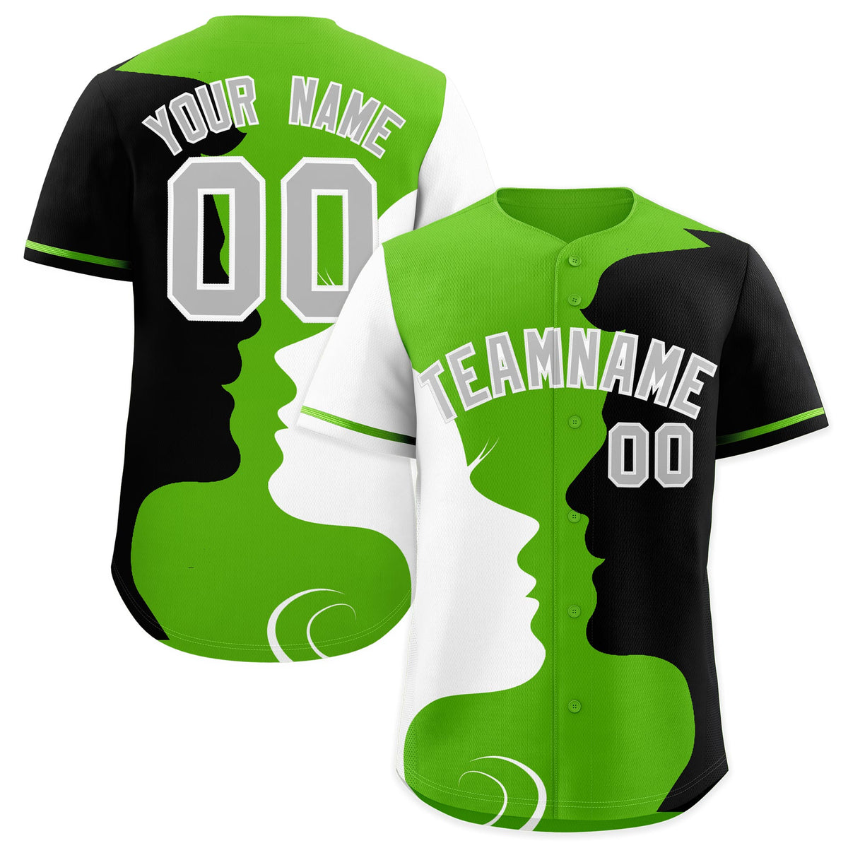 Custom Green Black White Silhouettes of Loving Couple Valentine's Day Baseball Jersey| KXKSHOP