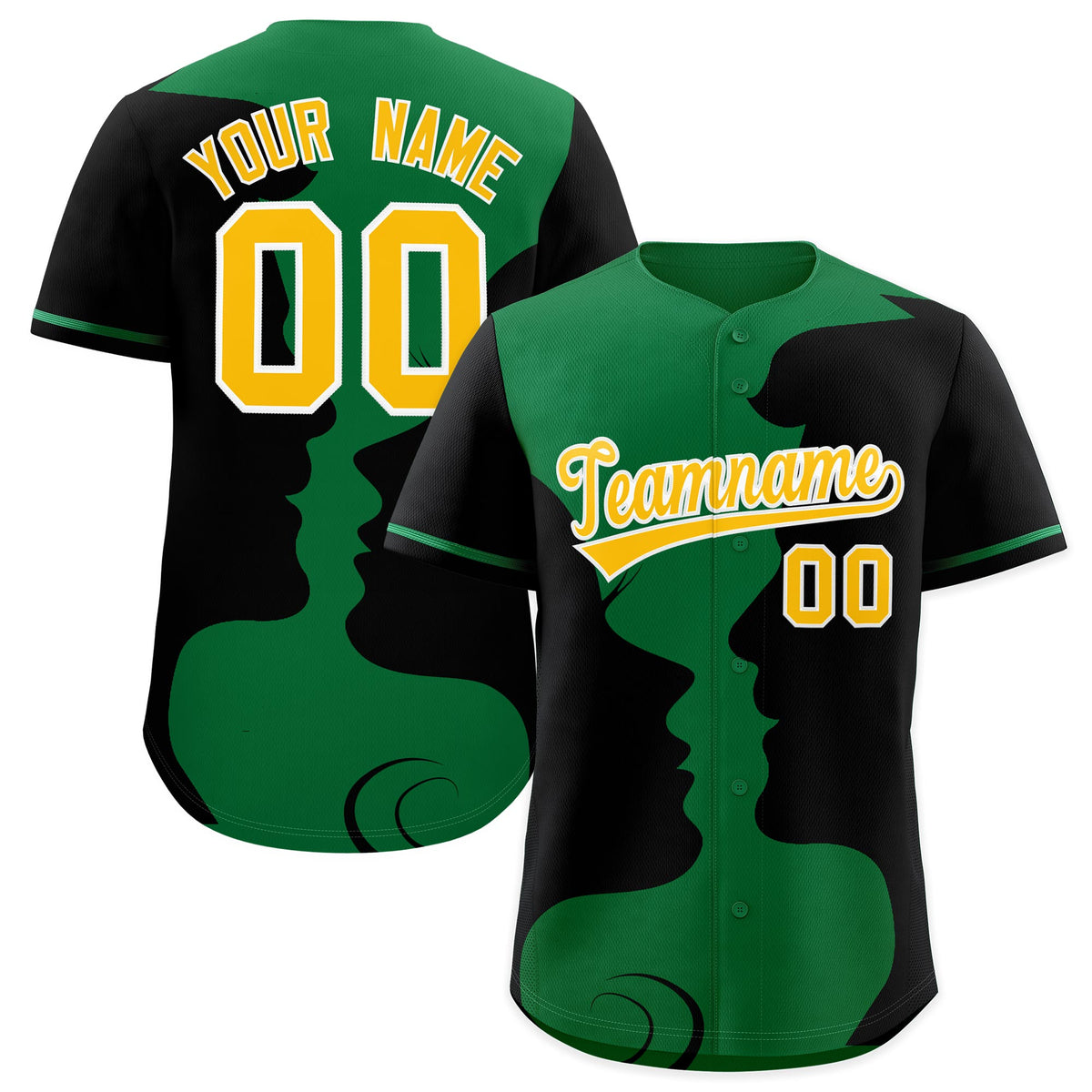 Custom Kelly Green Black Silhouettes of Loving Couple Valentine's Day Baseball Jersey| KXKSHOP