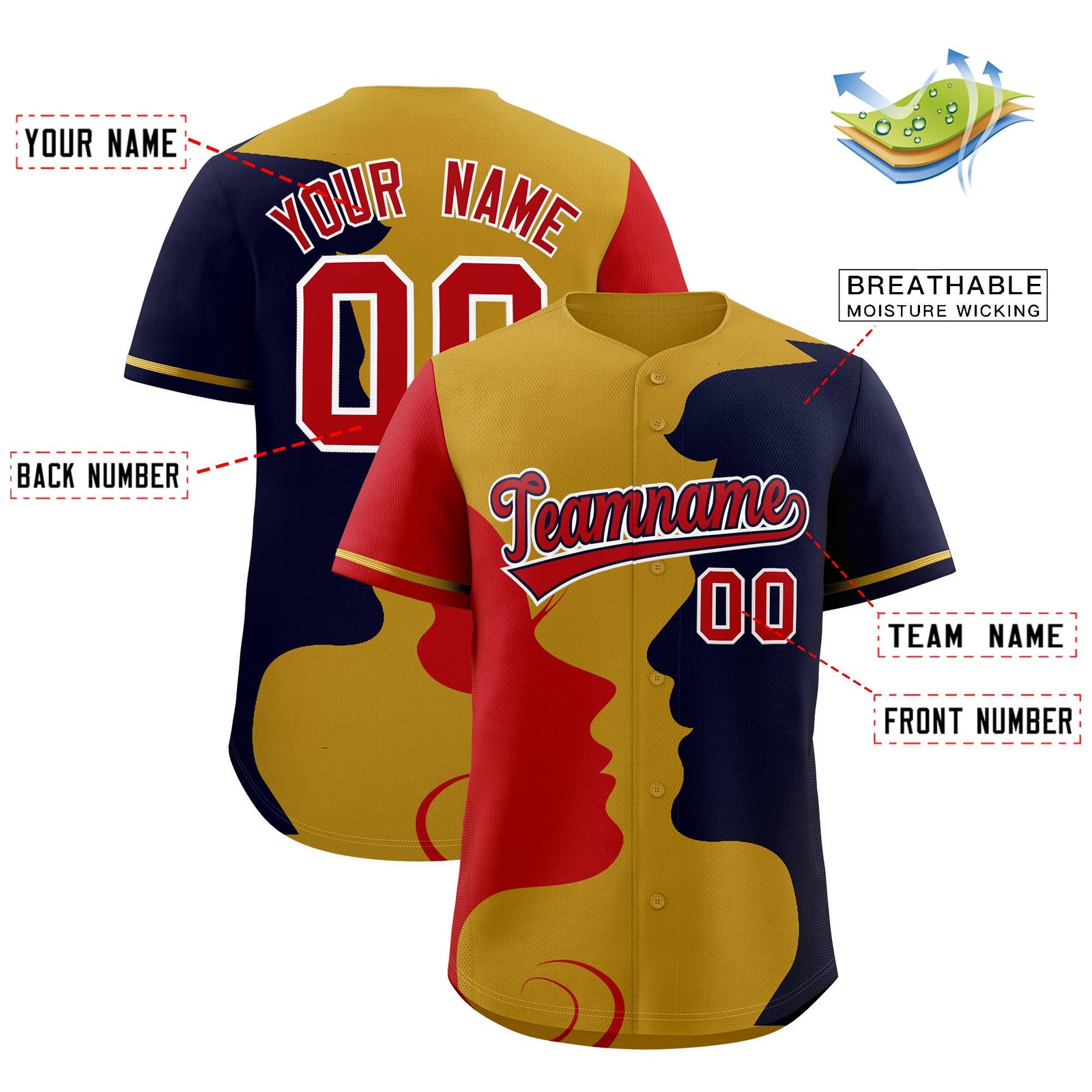 Custom Old Gold Red Navy Silhouettes of Loving Couple Valentine's Day Baseball Jersey| KXKSHOP