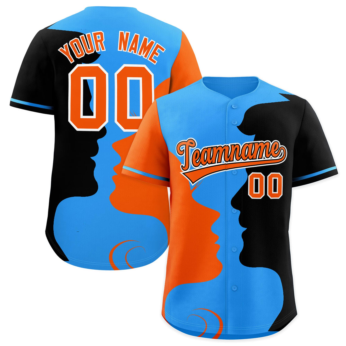Custom Powder Blue Orange Black Silhouettes of Loving Couple Valentine's Day Baseball Jersey| KXKSHOP