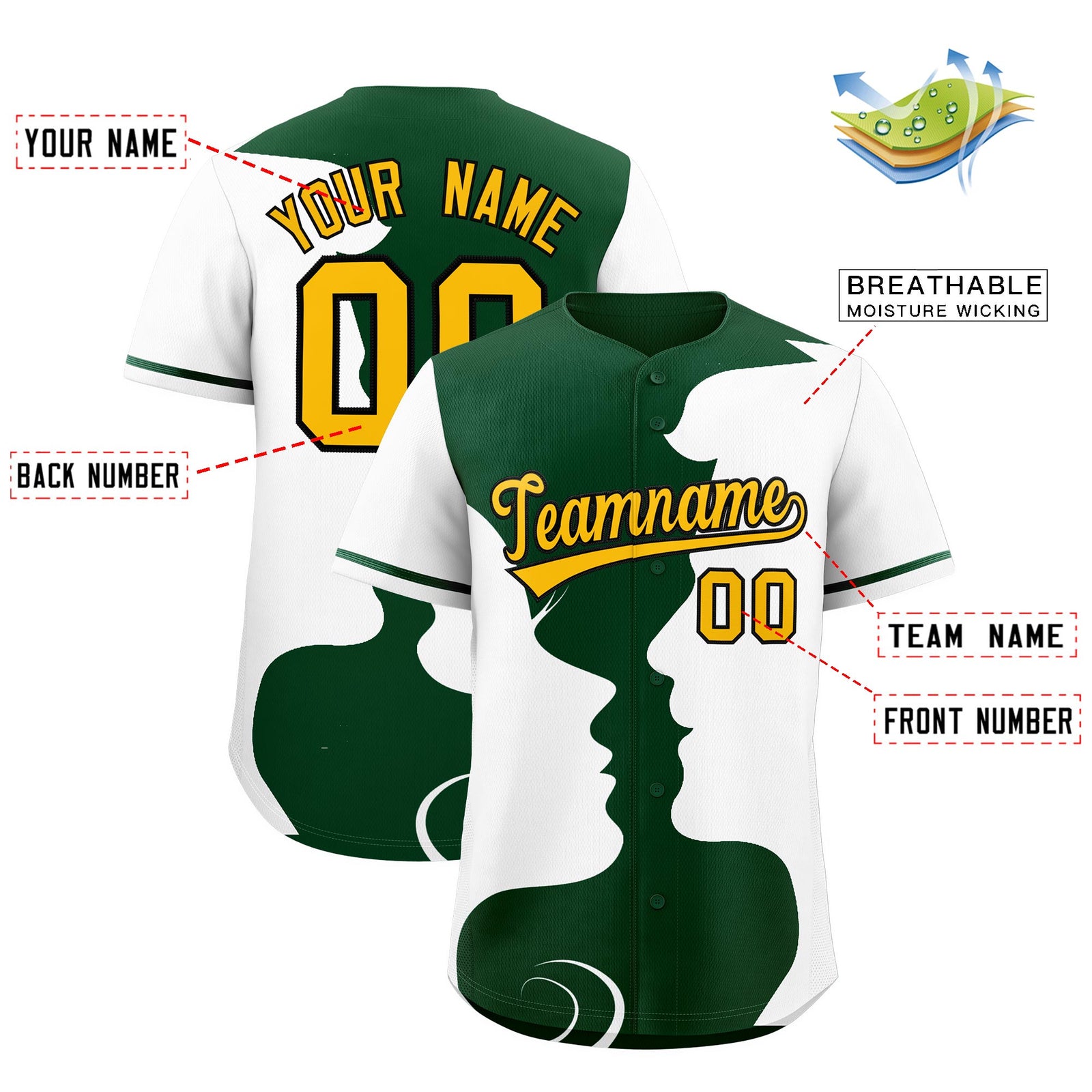 Custom Green White Silhouettes of Loving Couple Valentine's Day Baseball Jersey| KXKSHOP