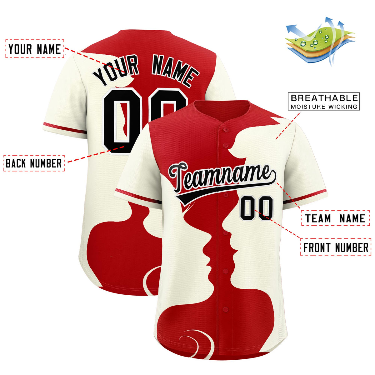 Custom Red Cream Silhouettes of Loving Couple Valentine's Day Baseball Jersey| KXKSHOP