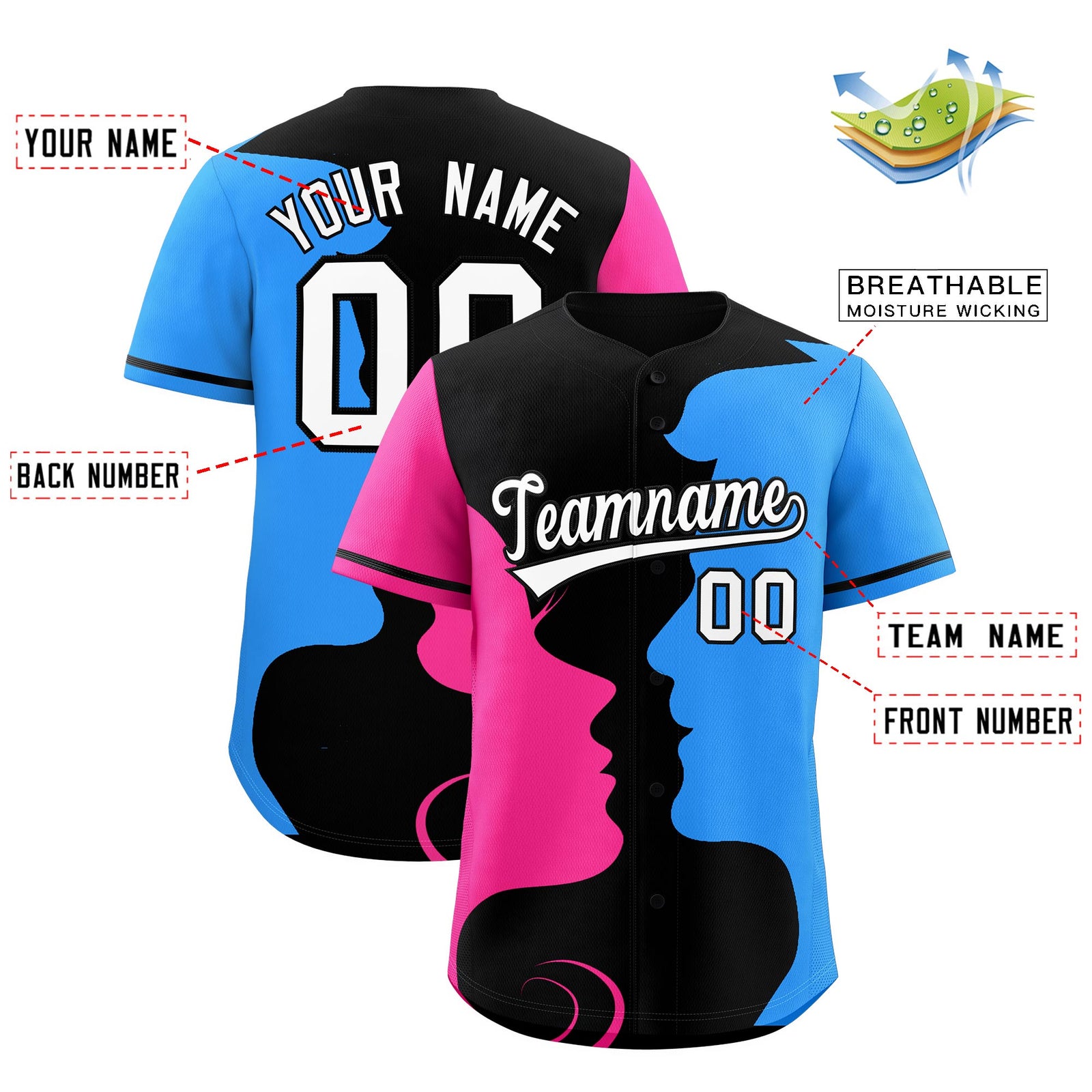 Custom Black Pink Powder Blue Silhouettes of Loving Couple Valentine's Day Baseball Jersey| KXKSHOP