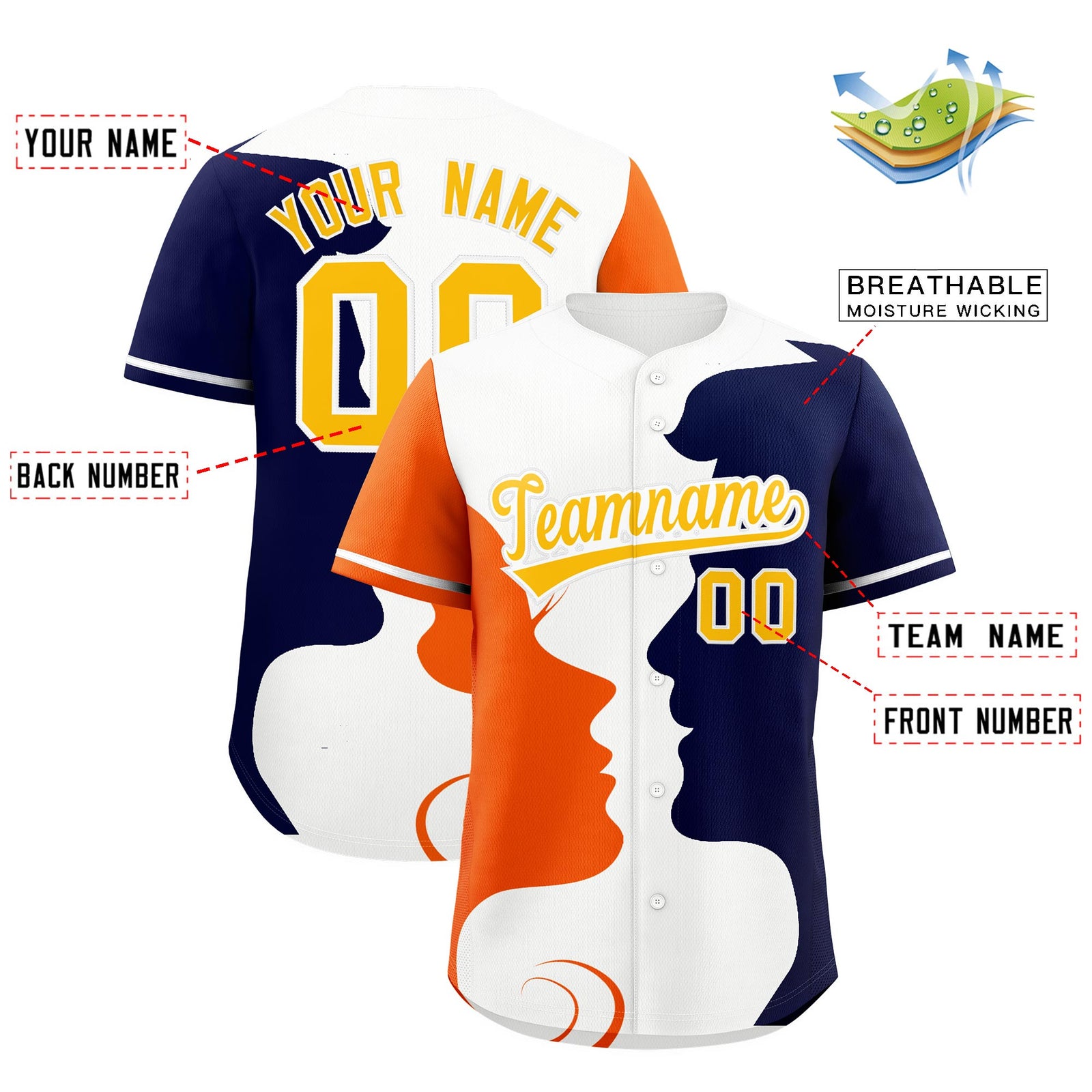 Custom White Orange Navy Silhouettes of Loving Couple Valentine's Day Baseball Jersey| KXKSHOP