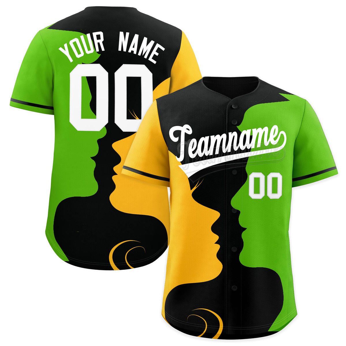 Custom Black Gold Neon Green Silhouettes of Loving Couple Valentine's Day Baseball Jersey| KXKSHOP