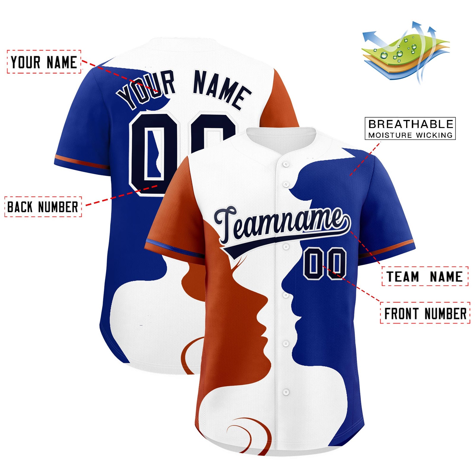 Custom Royal Dark Orange White Silhouettes of Loving Couple Valentine's Day Baseball Jersey| KXKSHOP