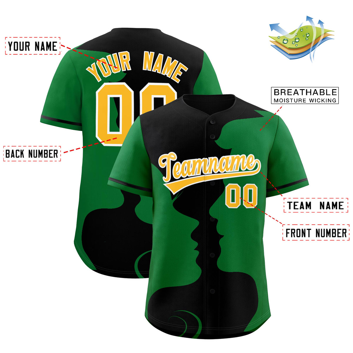 Custom Black Kelly Green Silhouettes of Loving Couple Valentine's Day Baseball Jersey| KXKSHOP