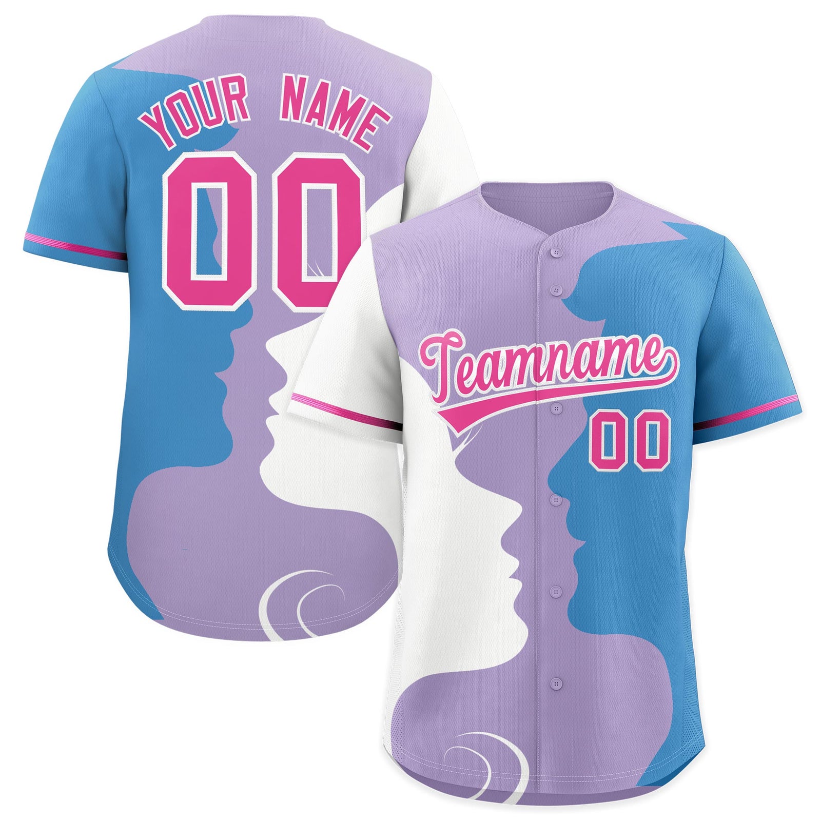 Custom Pink White Light Blue Silhouettes of Loving Couple Valentine's Day Baseball Jersey| KXKSHOP