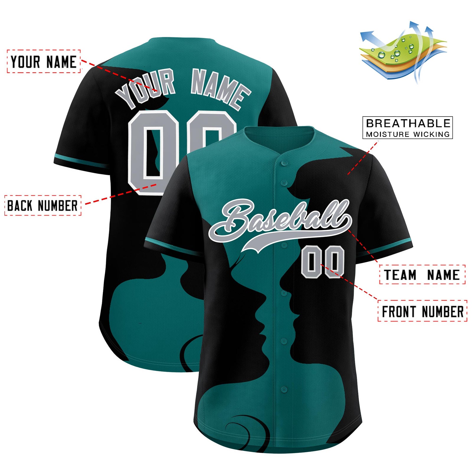 Custom Teal Black Silhouettes of Loving Couple Valentine's Day Baseball Jersey| KXKSHOP